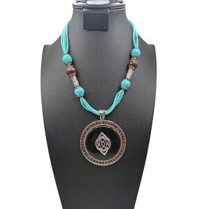Faux Turquoise Large Pendant Necklace Runway Style Silver Tone 21" Beaded Chain